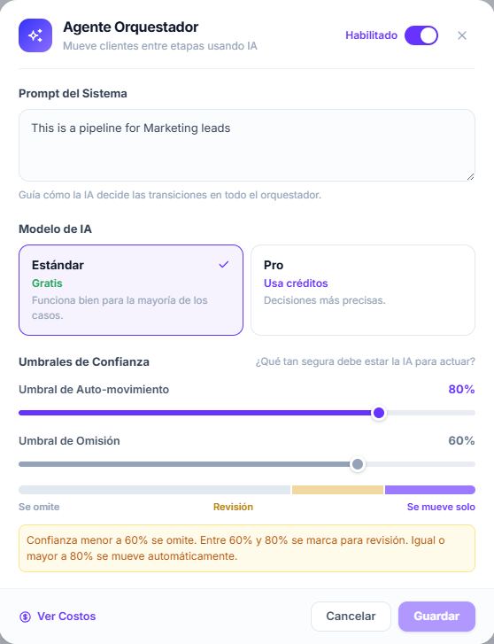 Modal del orquestador con el prompt del sistema, el modelo de IA y los umbrales de confianza