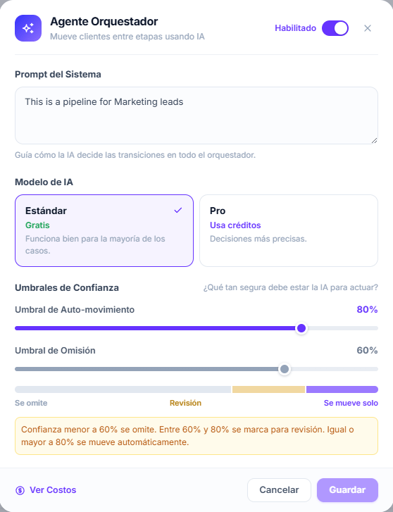 Modal del orquestador con el prompt del sistema, el modelo de IA y los umbrales de confianza