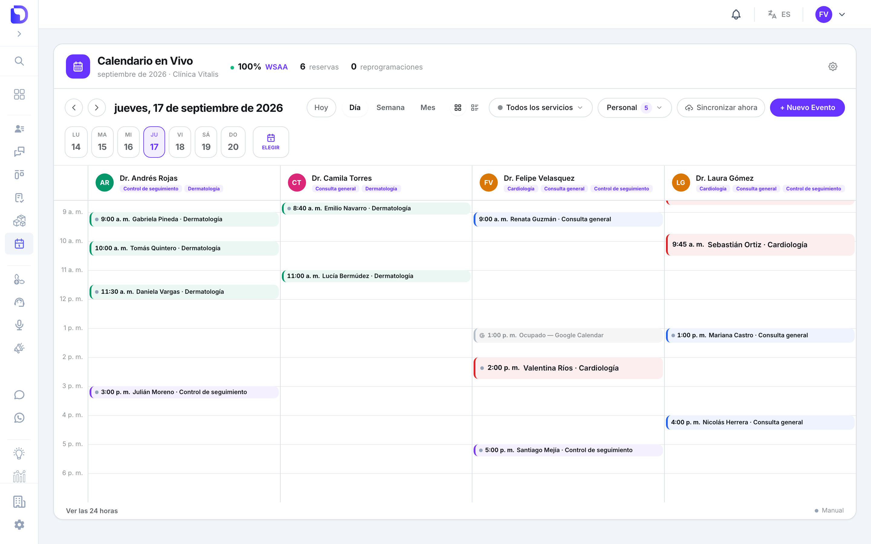 Vista Día del Calendario en Vivo con una columna por profesional, citas como Gabriela Pineda · Dermatología a las 9:00 a. m., un bloque Ocupado — Google Calendar y el botón Ver las 24 horas al pie.