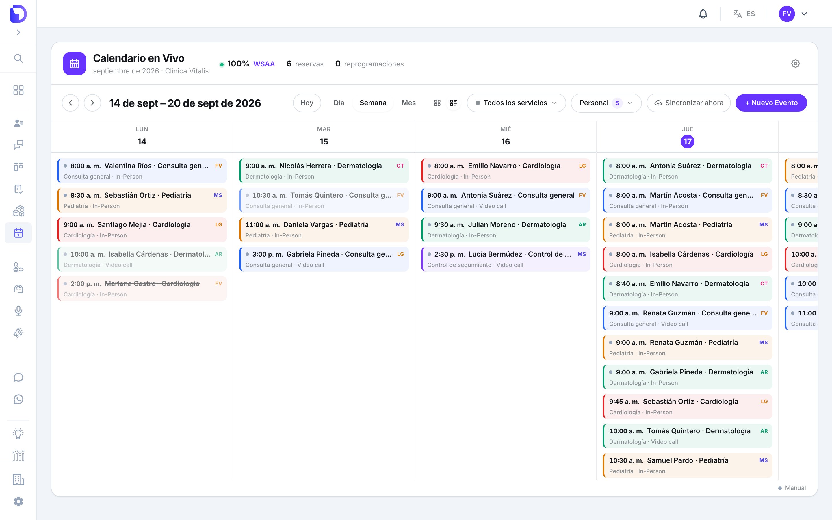 Vista Semana en modo lista del 14 al 20 de septiembre, con tarjetas por día que muestran hora, cliente, servicio, tipo de cita e iniciales del profesional, incluyendo citas canceladas tachadas.