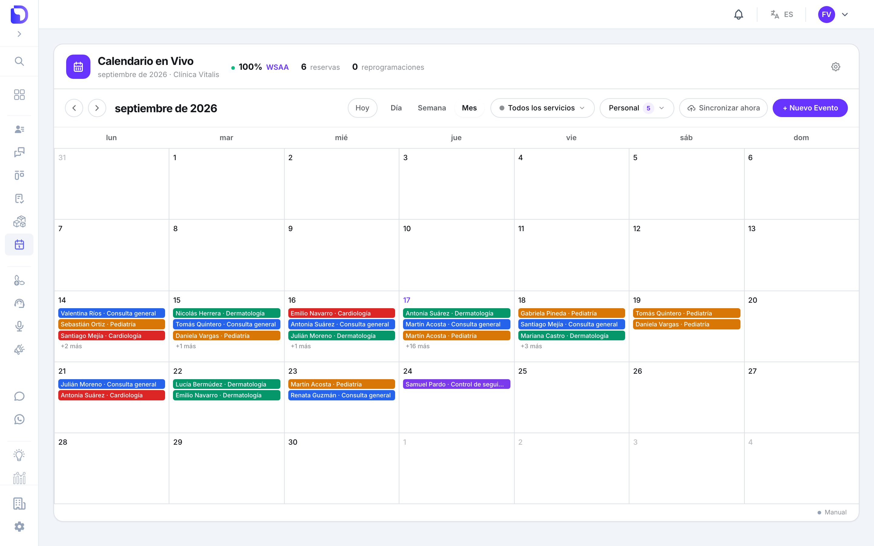 Vista Mes de septiembre de 2026 con las citas como chips de color por servicio en cada día, indicadores +N más y el día 17 resaltado como hoy.