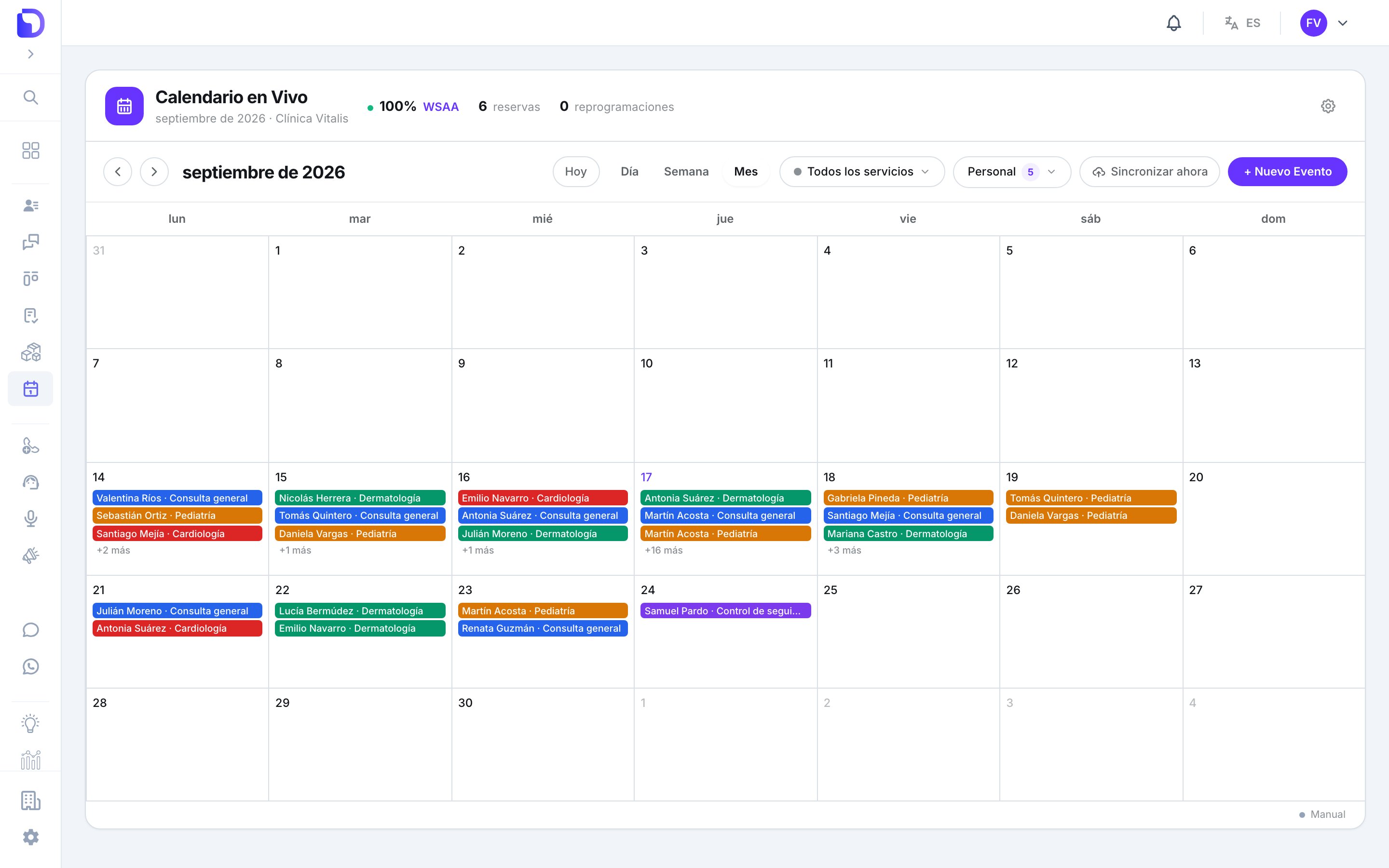 Vista Mes de septiembre de 2026 con las citas como chips de color por servicio en cada día, indicadores +N más y el día 17 resaltado como hoy.