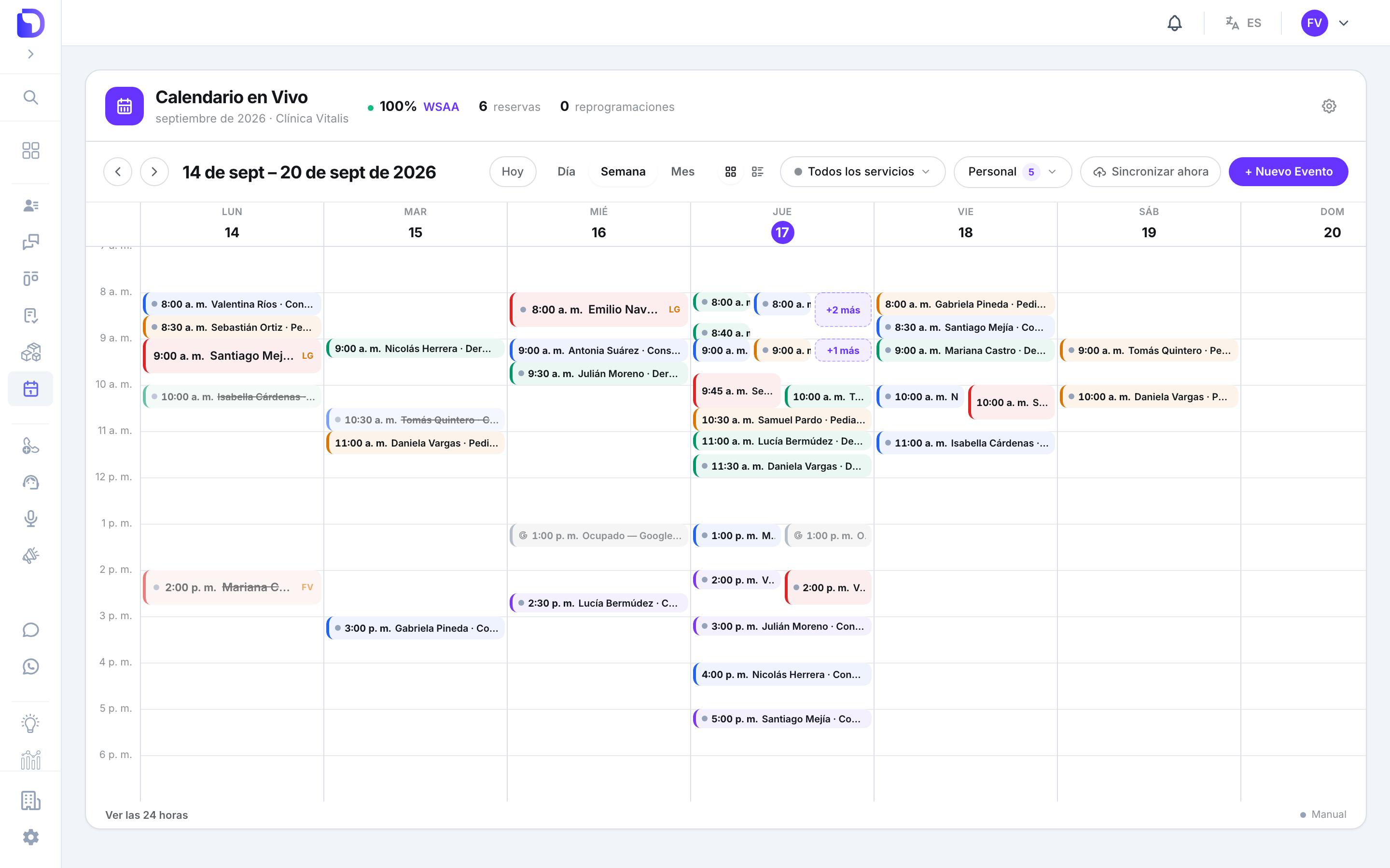 Vista Semana del 14 al 20 de septiembre de 2026 con la cuadrícula horaria, citas de varios profesionales apiladas, chips +2 más y un bloque Ocupado — Google Calendar el miércoles.