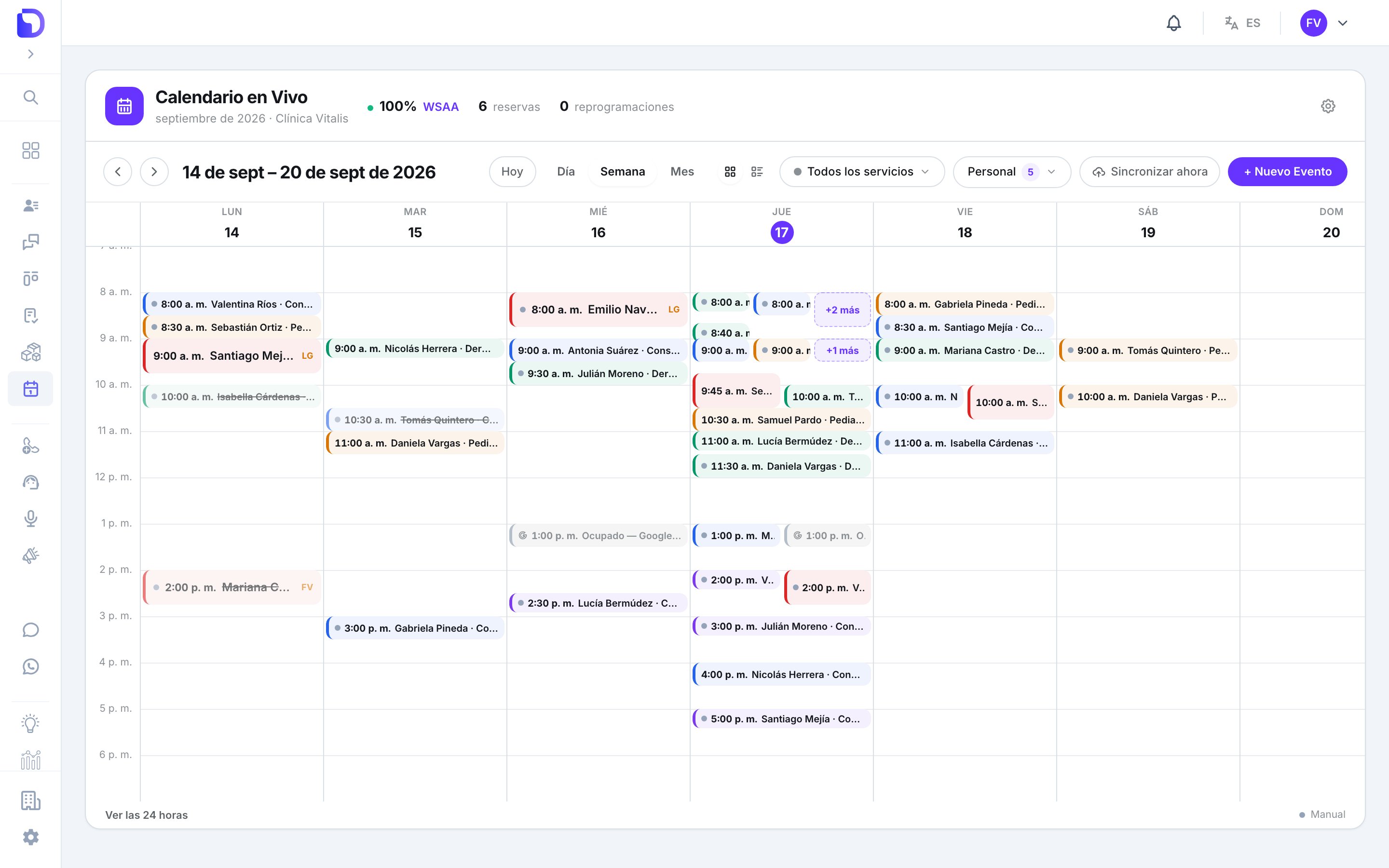 Vista Semana del 14 al 20 de septiembre de 2026 con la cuadrícula horaria, citas de varios profesionales apiladas, chips +2 más y un bloque Ocupado — Google Calendar el miércoles.