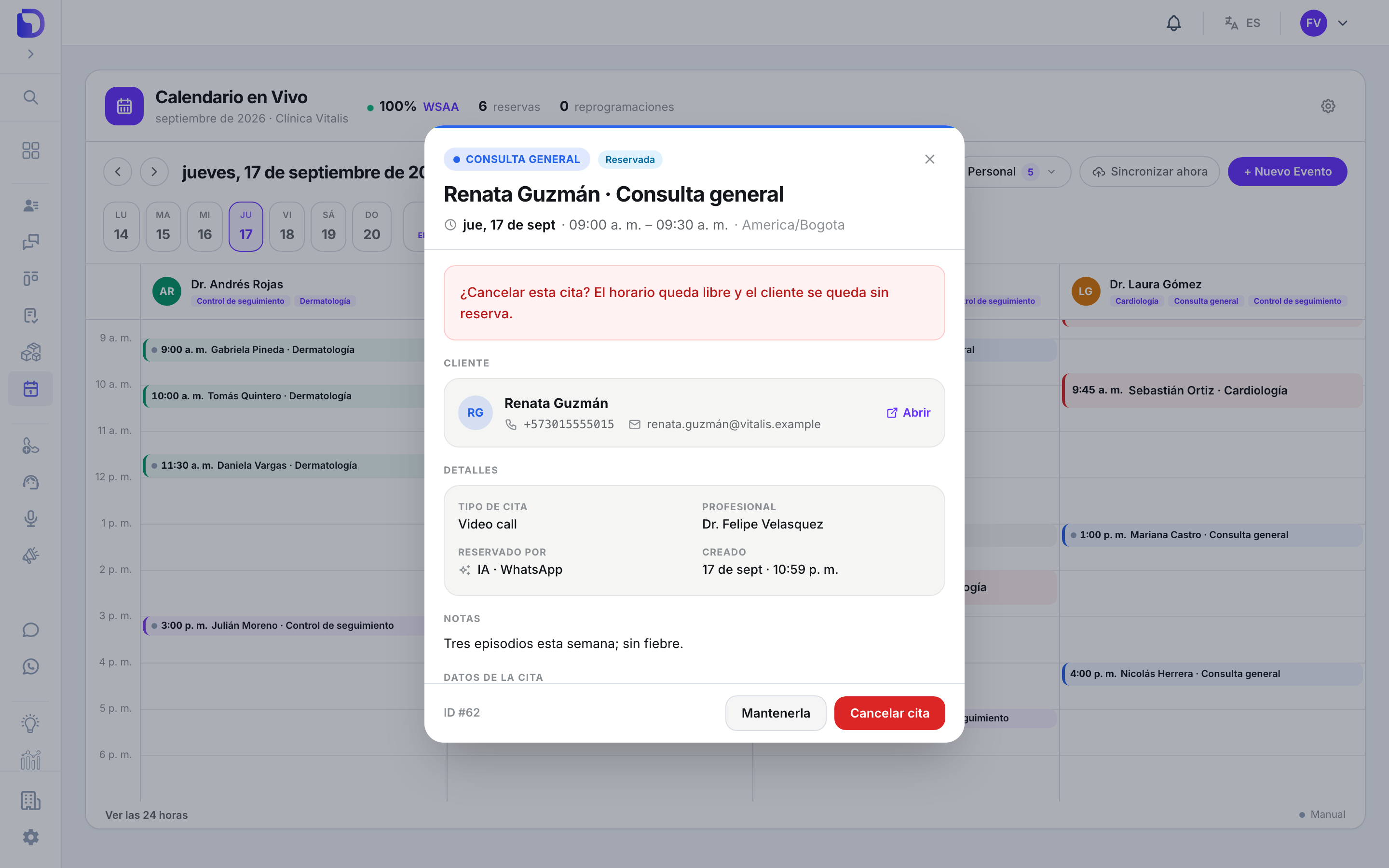 Modal de la cita Renata Guzmán · Consulta general con el aviso rojo ¿Cancelar esta cita? El horario queda libre y el cliente se queda sin reserva, los datos del cliente, y los botones Mantenerla y Cancelar cita.