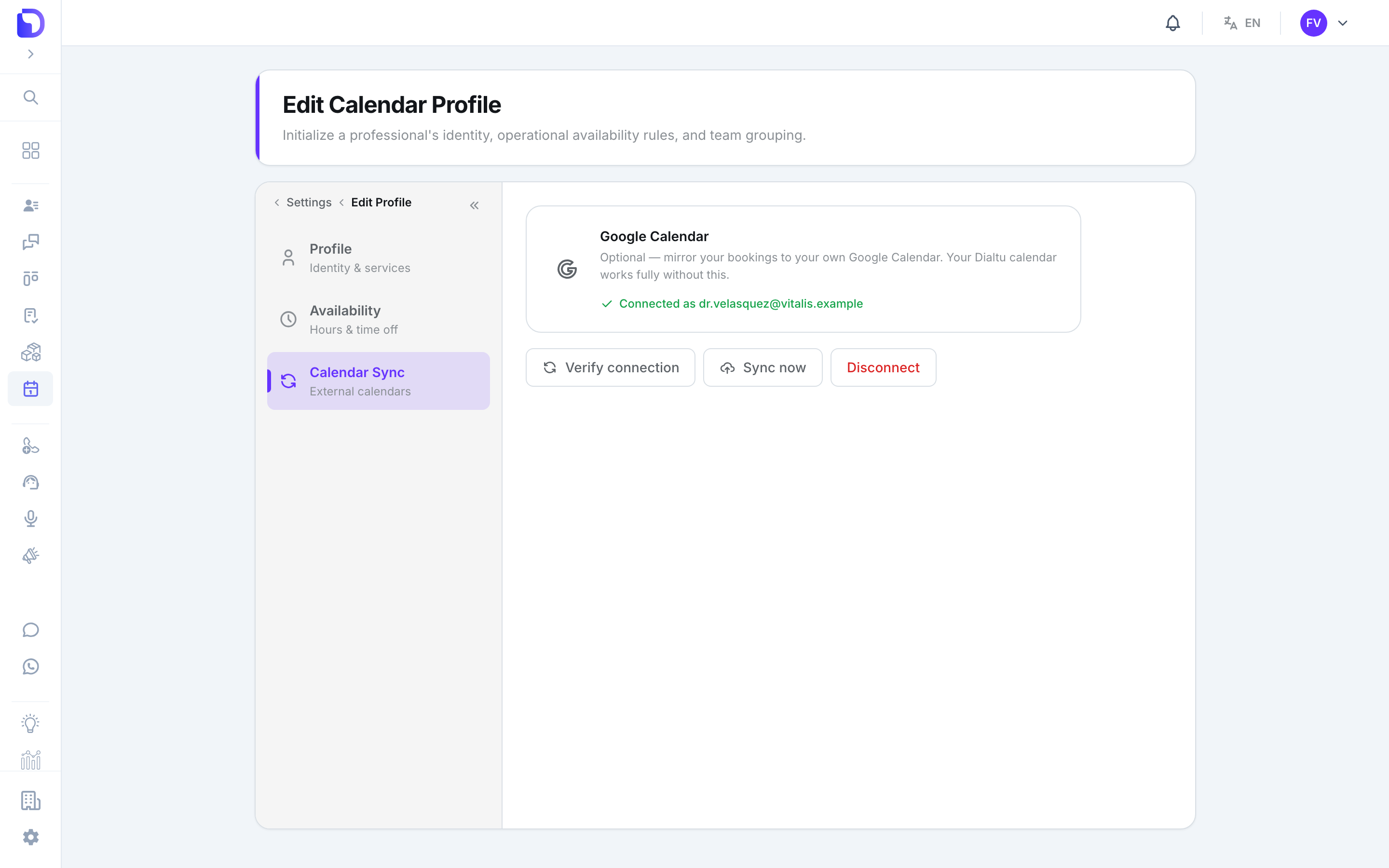 Edit Calendar Profile 'Calendar Sync' tab showing the Google Calendar card 'Connected as dr.velasquez@vitalis.example' with Verify connection, Sync now and Disconnect buttons.