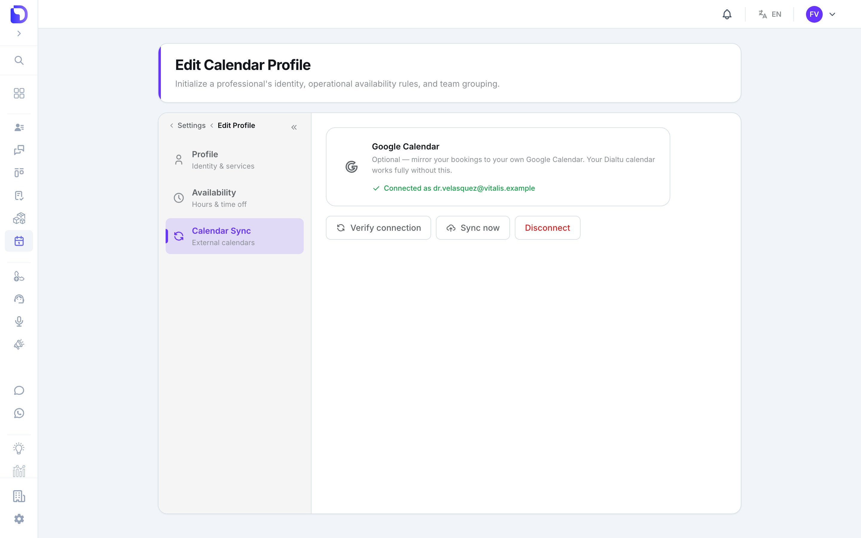 Edit Calendar Profile 'Calendar Sync' tab showing the Google Calendar card 'Connected as dr.velasquez@vitalis.example' with Verify connection, Sync now and Disconnect buttons.