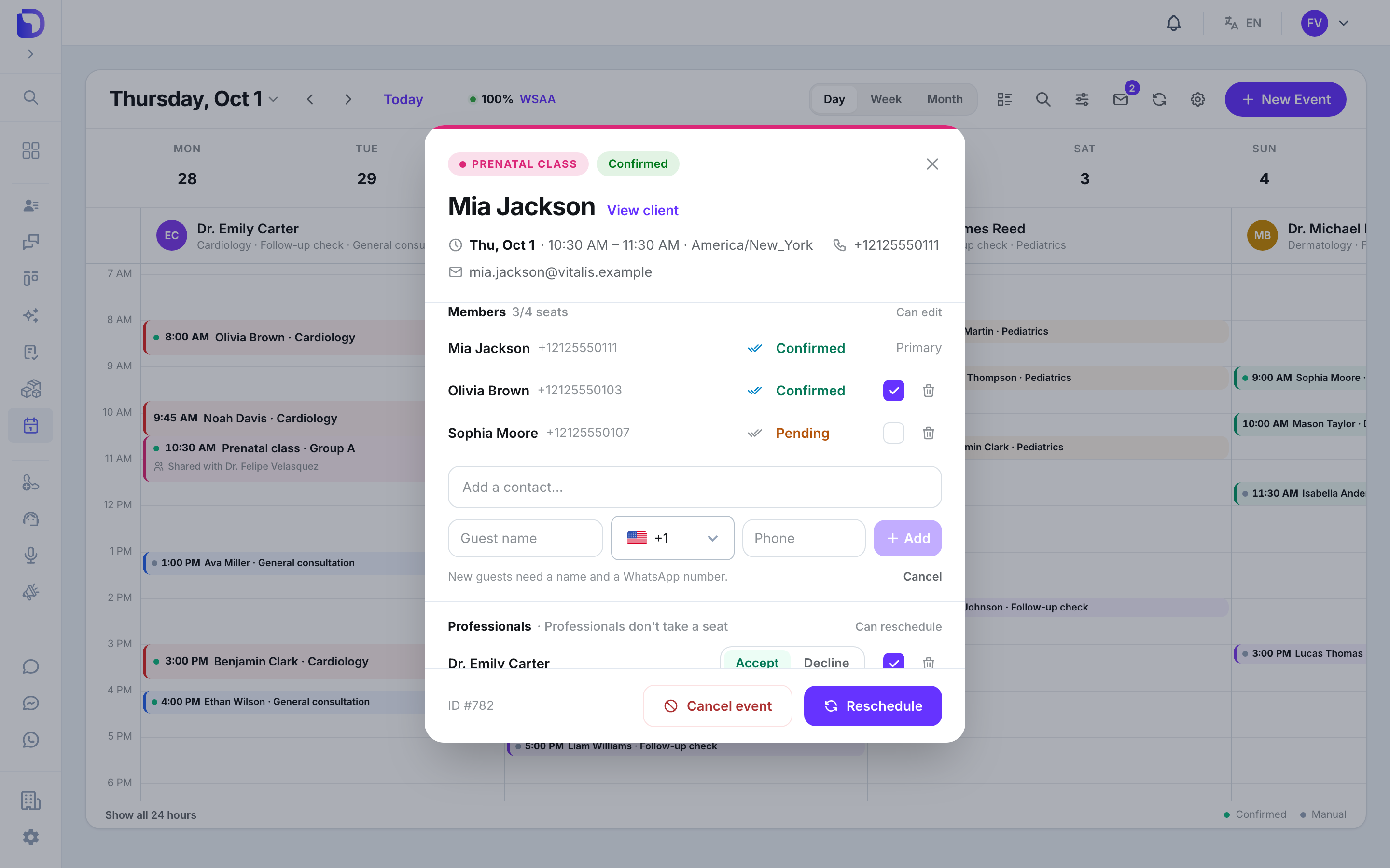 The same group appointment with the Add member form open: an 'Add a contact...' search, Guest name, a country code picker, Phone and an Add button, with the hint 'New guests need a name and a WhatsApp number.' and a Cancel link.