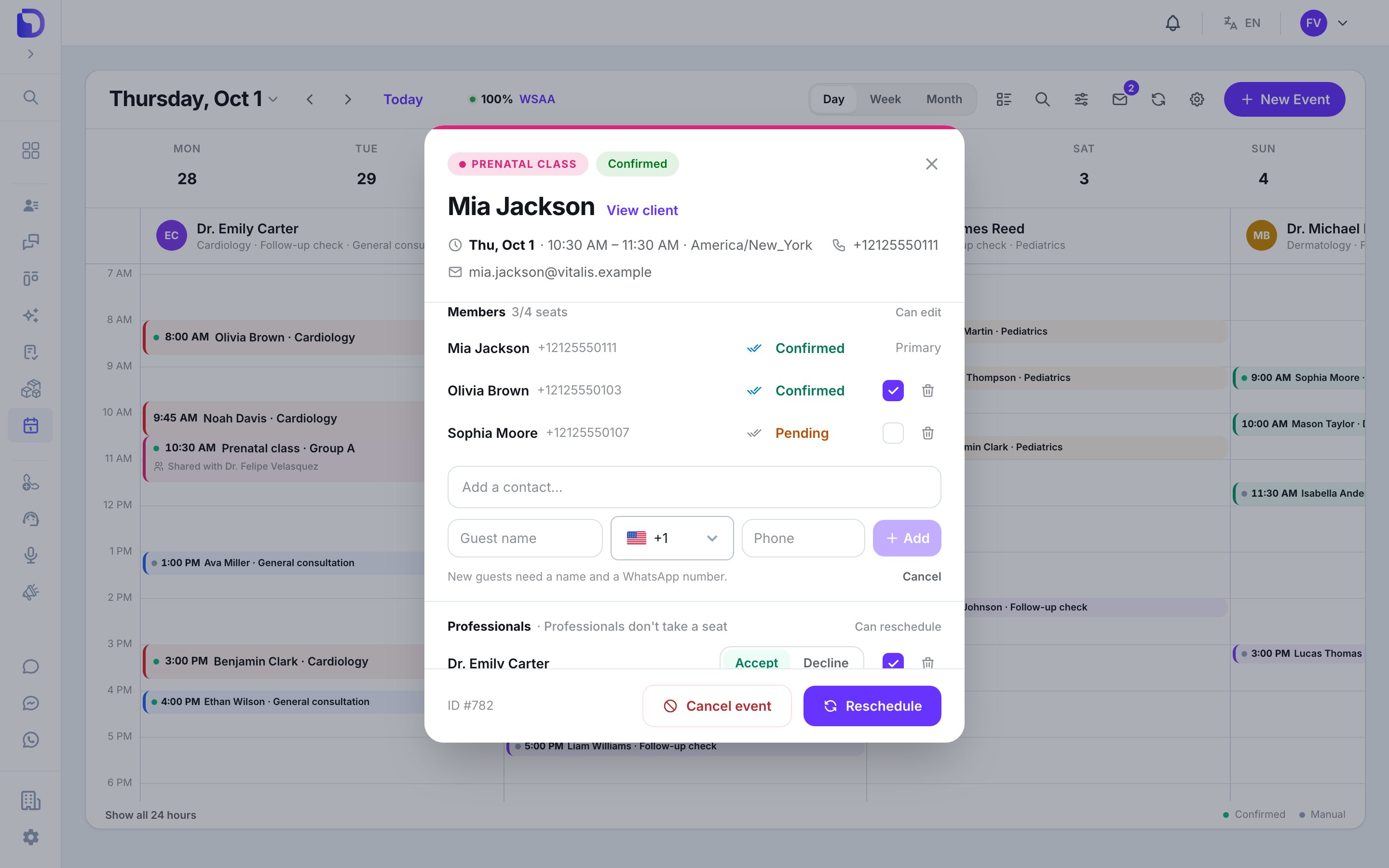 The same group appointment with the Add member form open: an 'Add a contact...' search, Guest name, a country code picker, Phone and an Add button, with the hint 'New guests need a name and a WhatsApp number.' and a Cancel link.
