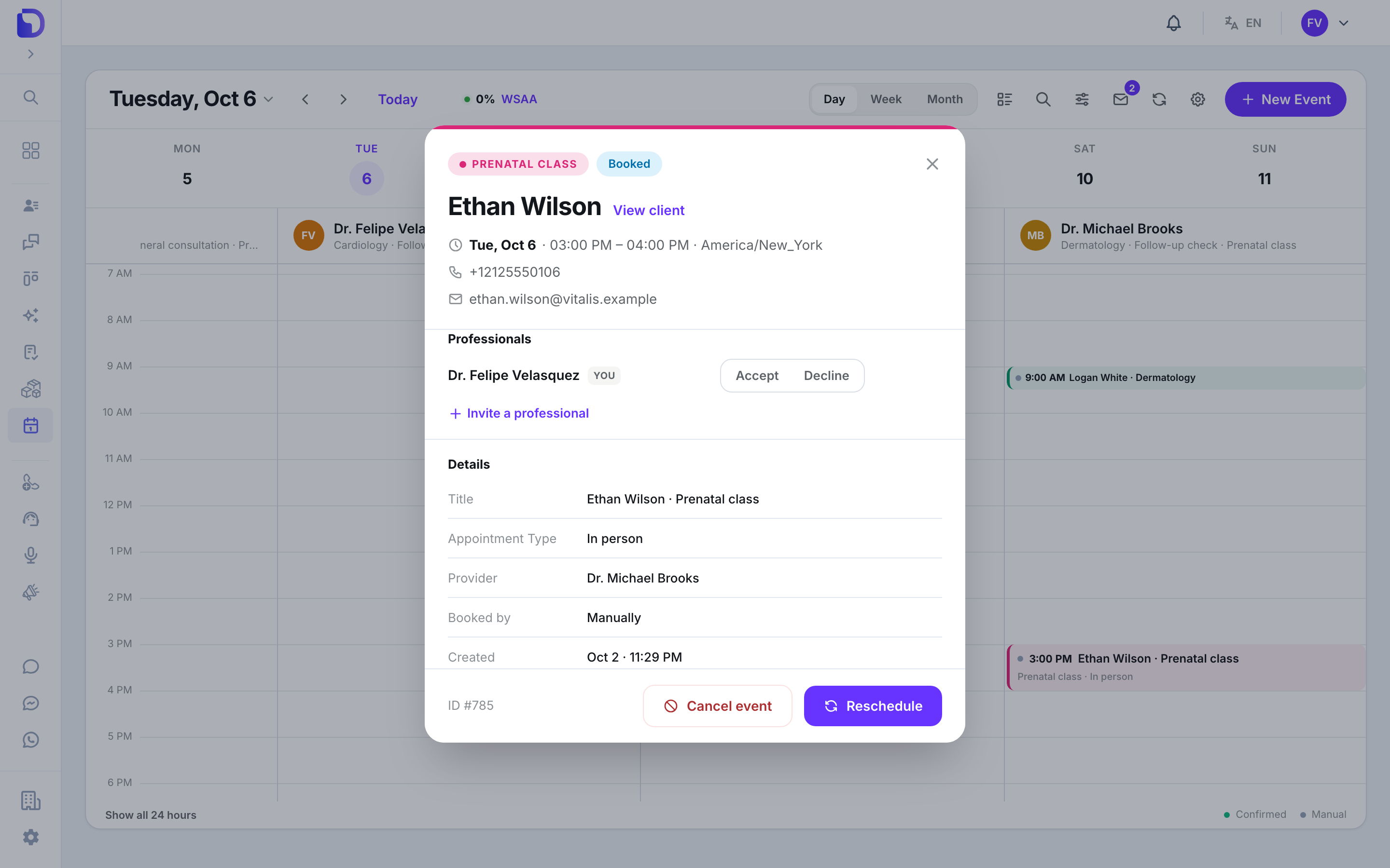 Appointment window for Ethan Wilson's Prenatal class with Dr. Michael Brooks as provider, and under Professionals the row 'Dr. Felipe Velasquez YOU' with Accept and Decline buttons, plus an Invite a professional link.