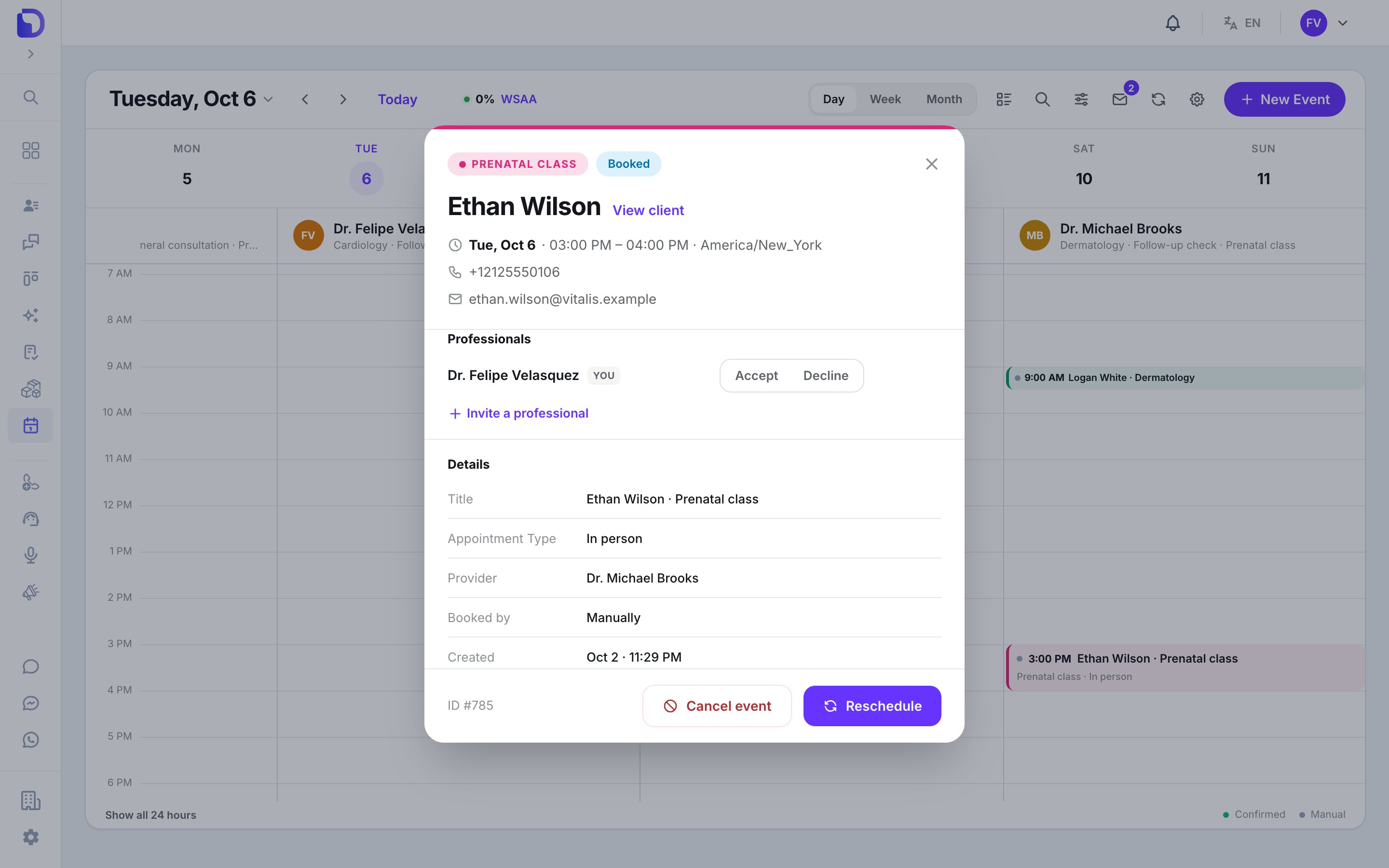 Appointment window for Ethan Wilson's Prenatal class with Dr. Michael Brooks as provider, and under Professionals the row 'Dr. Felipe Velasquez YOU' with Accept and Decline buttons, plus an Invite a professional link.