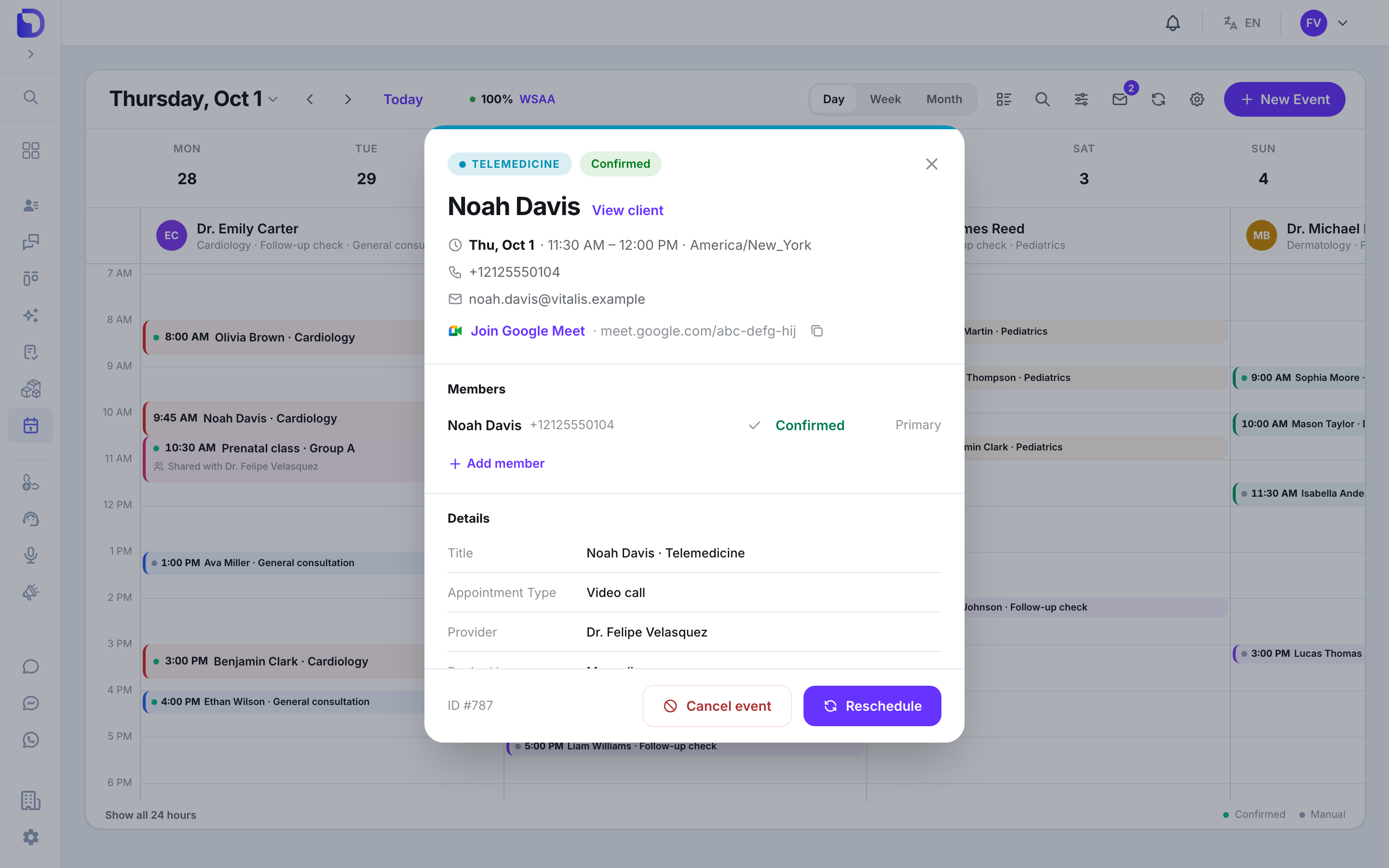 Appointment window for Noah Davis's Telemedicine appointment, Confirmed, with a 'Join Google Meet · meet.google.com/abc-defg-hij' line and a copy button in the header, above Members and Details.