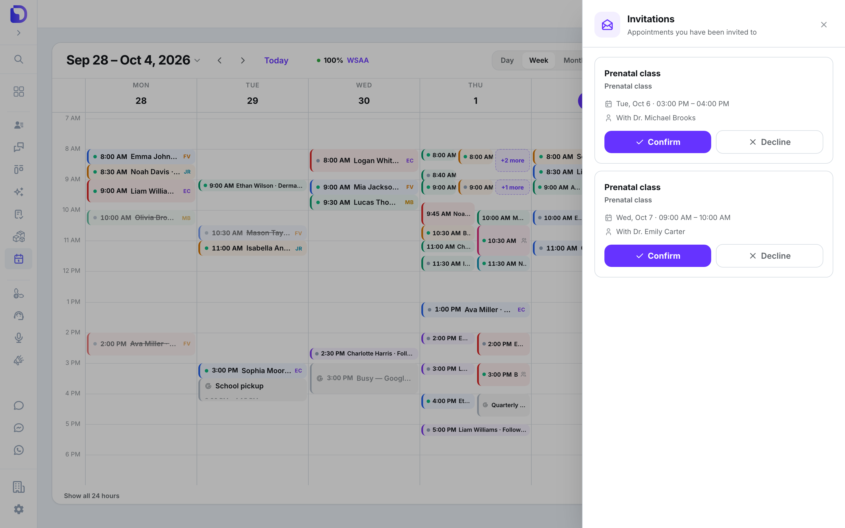 Week view with the Invitations drawer open on the right, titled 'Appointments you have been invited to', listing two Prenatal class invitations — Tue, Oct 6 03:00 PM – 04:00 PM with Dr. Michael Brooks, and Wed, Oct 7 09:00 AM – 10:00 AM with Dr. Emily Carter — each with Confirm and Decline buttons.