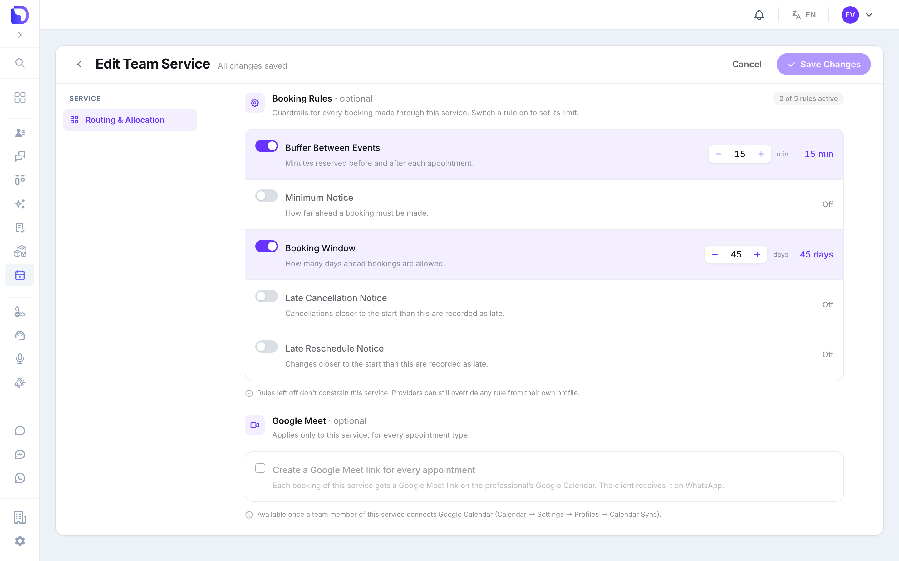 Dermatology service editor with the Google Meet checkbox greyed out and the hint 'Available once a team member of this service connects Google Calendar (Calendar → Settings → Profiles → Calendar Sync).'