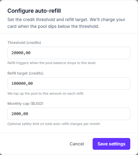 Configure auto-refill modal with threshold, refill target and monthly cap fields