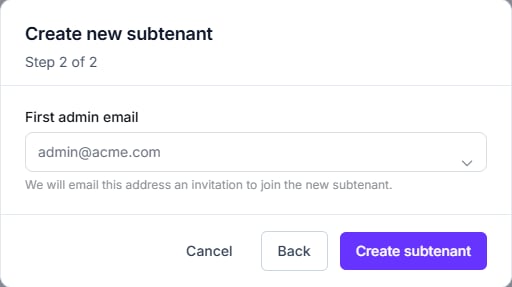 Create organization wizard step 2 asking for the first admin email