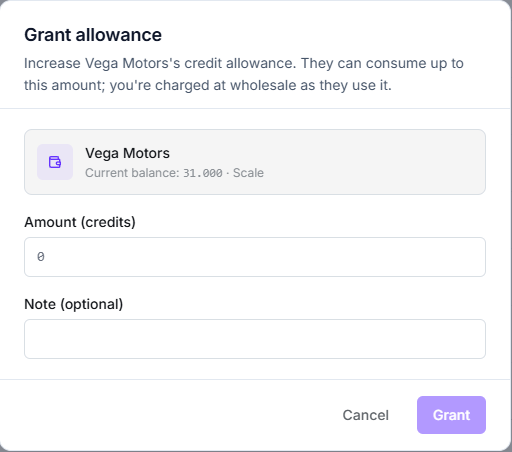 Grant allowance modal showing the organization, its current balance and plan, and the amount field
