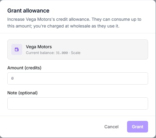 Grant allowance modal showing the organization, its current balance and plan, and the amount field