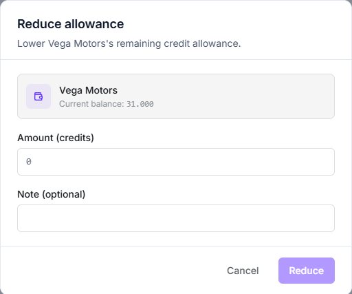 Reduce allowance modal lowering the remaining credit allowance
