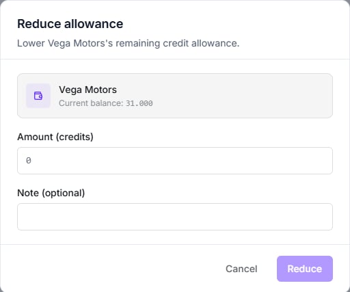 Reduce allowance modal lowering the remaining credit allowance
