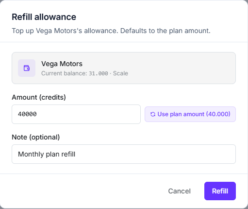 Refill allowance modal pre-filled with the plan amount and a Use plan amount button