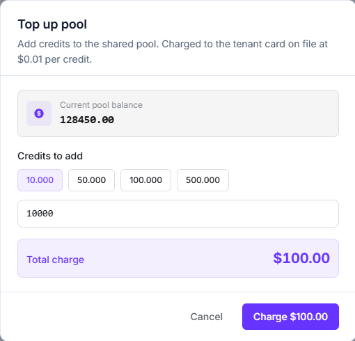 Top up pool modal with preset credit amounts, the current balance and the total charge in dollars