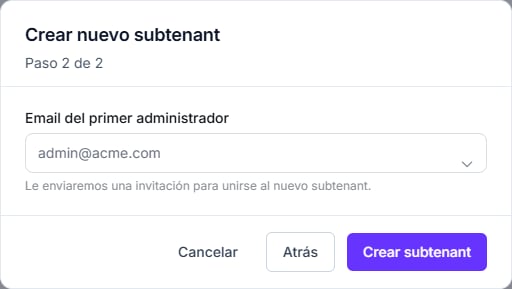 Asistente Crear organización, paso 2, pidiendo el correo del primer administrador