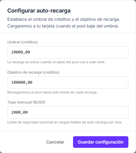 Modal Configurar auto-recarga con los campos de umbral, objetivo de recarga y tope mensual