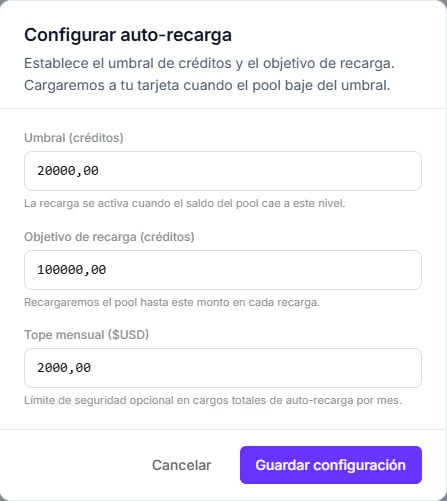 Modal Configurar auto-recarga con los campos de umbral, objetivo de recarga y tope mensual