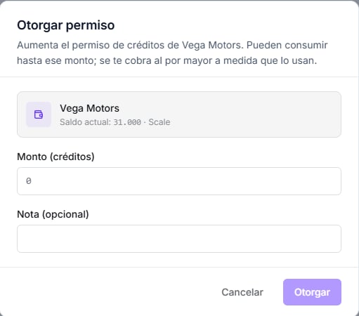 Modal Otorgar permiso con la organización, su saldo actual y plan, y el campo de monto