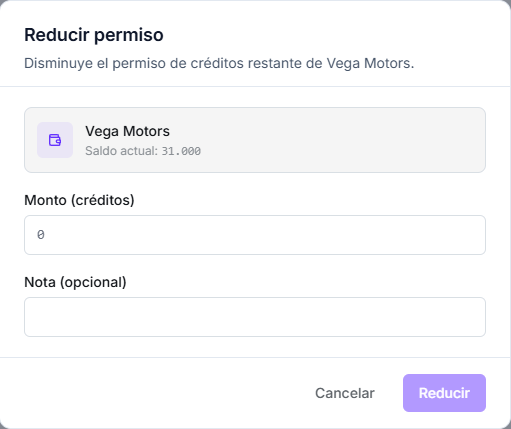 Modal Reducir permiso disminuyendo el permiso de créditos restante