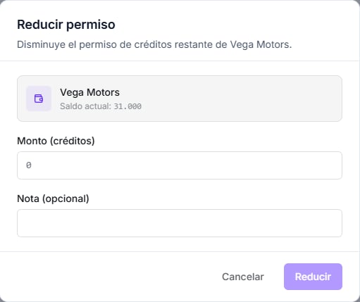 Modal Reducir permiso disminuyendo el permiso de créditos restante