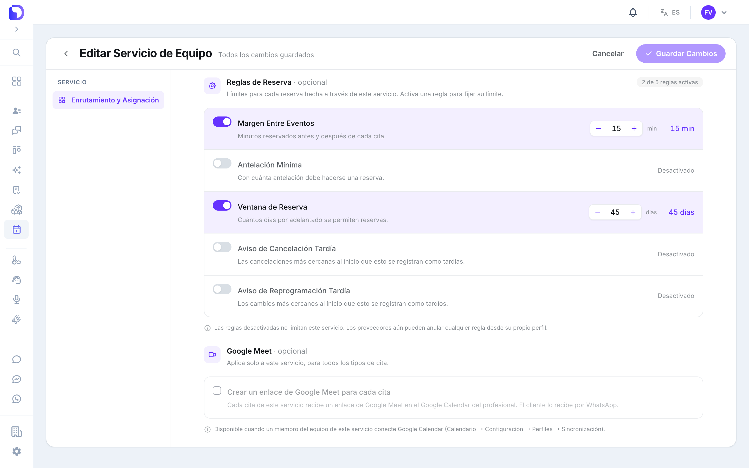 Editor del servicio Dermatología con la casilla de Google Meet desactivada y la nota "Disponible cuando un miembro del equipo de este servicio conecte Google Calendar (Calendario → Configuración → Perfiles → Sincronización)."