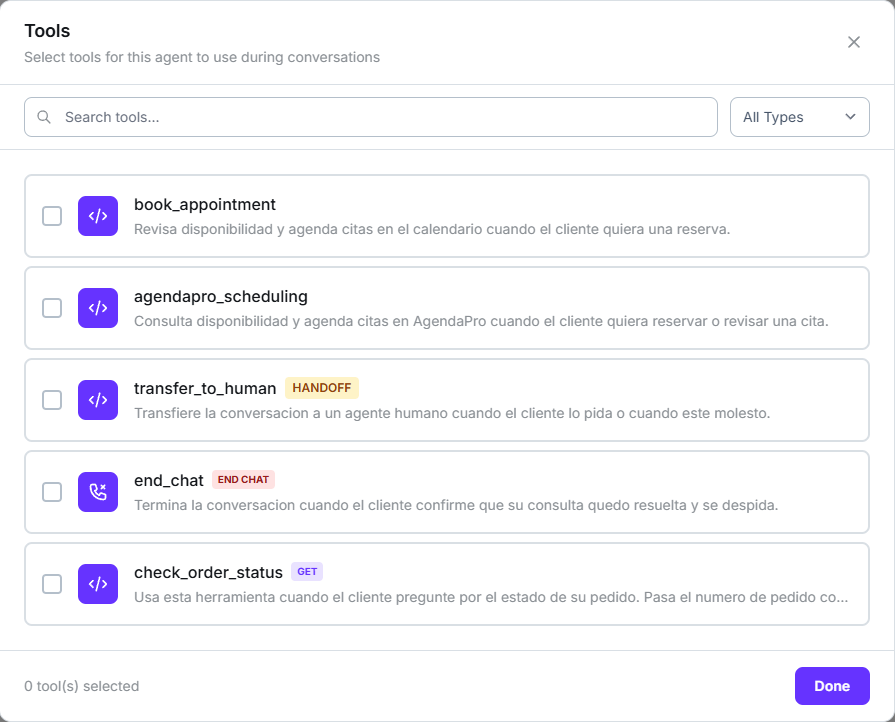 Tools modal listing book_appointment, agendapro_scheduling, transfer_to_human, end_chat and check_order_status with their type badges