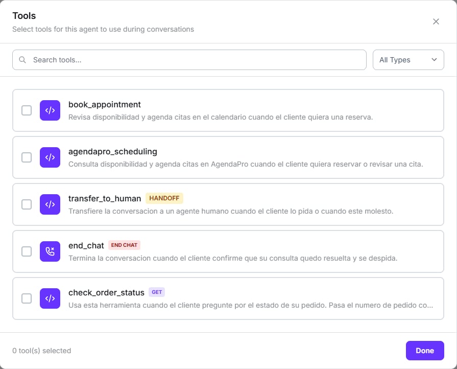 Tools modal listing book_appointment, agendapro_scheduling, transfer_to_human, end_chat and check_order_status with their type badges