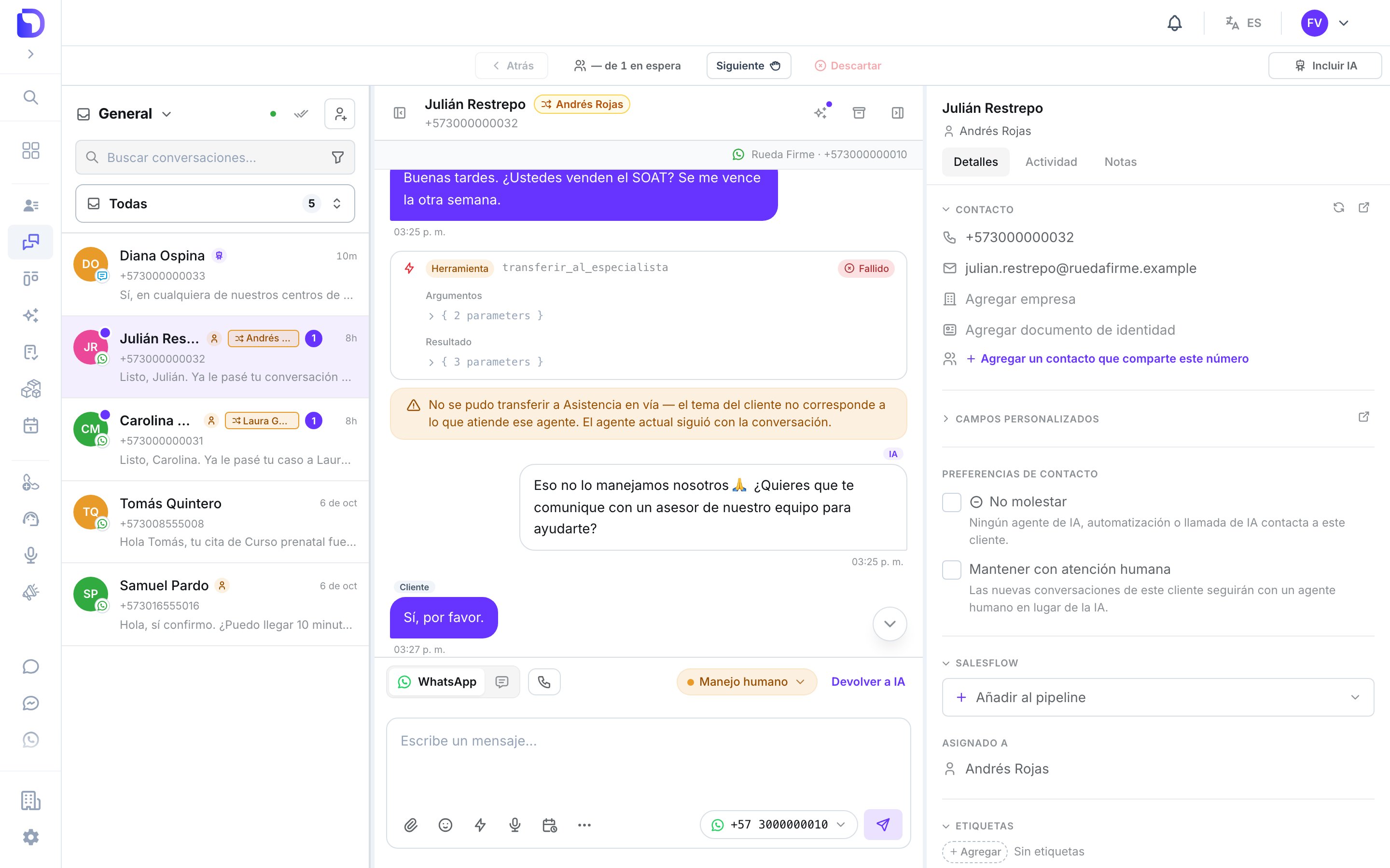 Una conversación de WhatsApp en Conversaciones donde el cliente pregunta por el SOAT; la burbuja de la herramienta transferir_al_especialista está marcada como Fallido, una nota centrada ámbar dice No se pudo transferir a Asistencia en vía — el tema del cliente no corresponde a lo que atiende ese agente. El agente actual siguió con la conversación., y luego el agente actual le ofrece comunicarlo con un asesor.