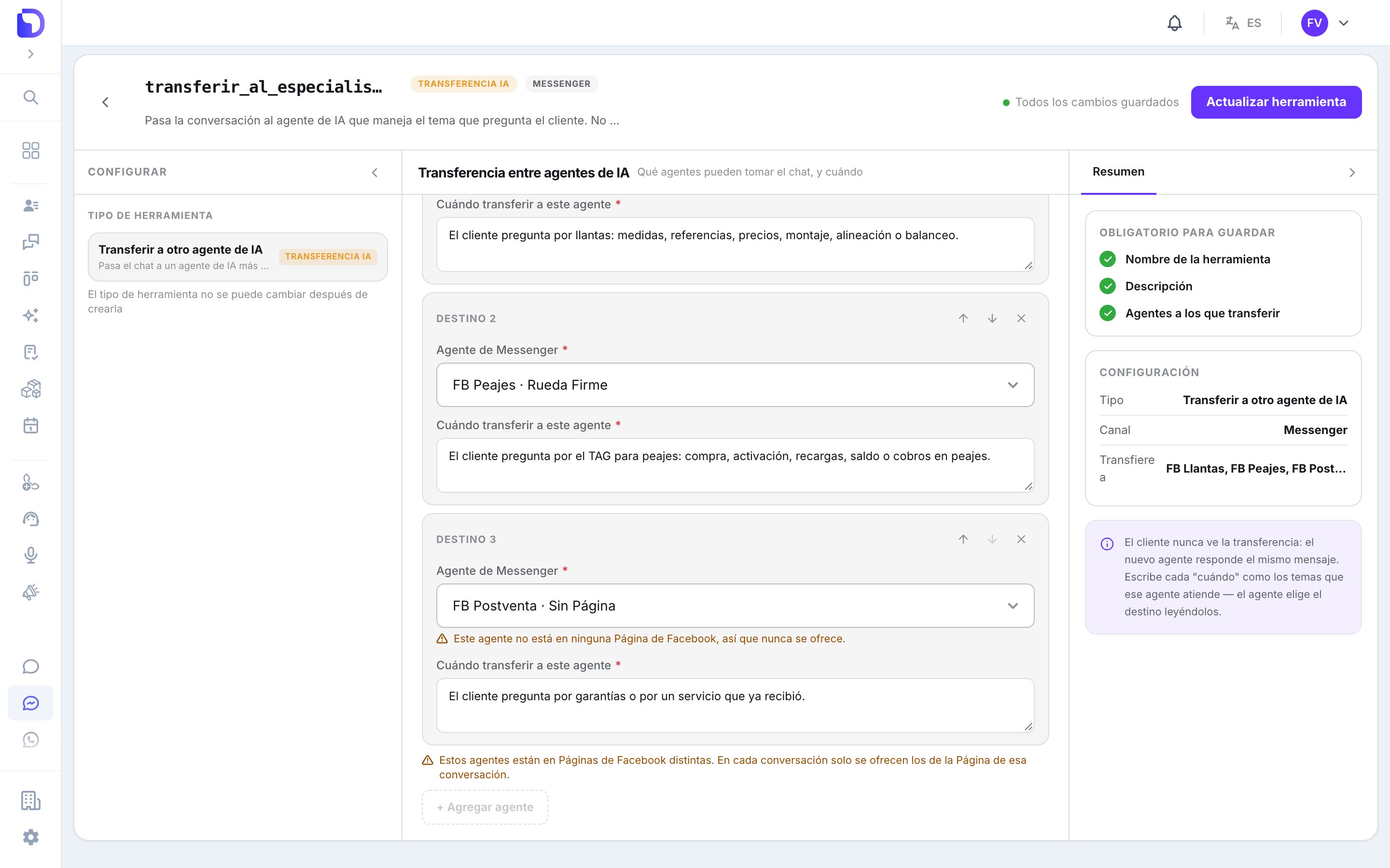 Herramienta Transferir a otro agente de IA para Messenger con el Destino 2 FB Peajes en la Página Rueda Firme y el Destino 3 FB Postventa marcado Sin Página con la advertencia Este agente no está en ninguna Página de Facebook, así que nunca se ofrece, y debajo de la lista una advertencia de que los agentes están en Páginas de Facebook distintas.