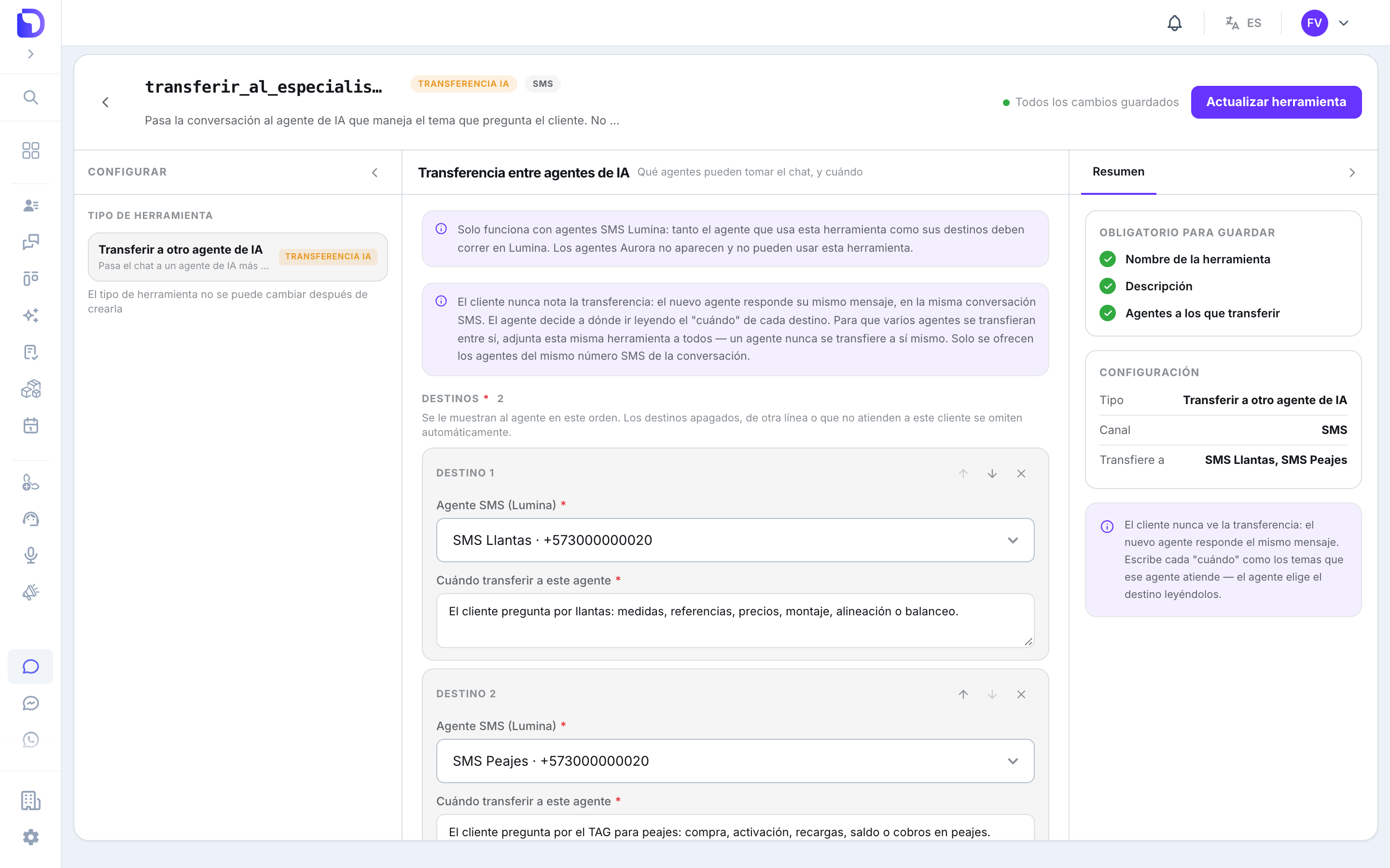Herramienta Transferir a otro agente de IA para SMS con el aviso Solo funciona con agentes SMS Lumina, la nota de cómo funciona y dos destinos Agente SMS (Lumina), SMS Llantas y SMS Peajes, cada uno con su número y su texto de cuándo.