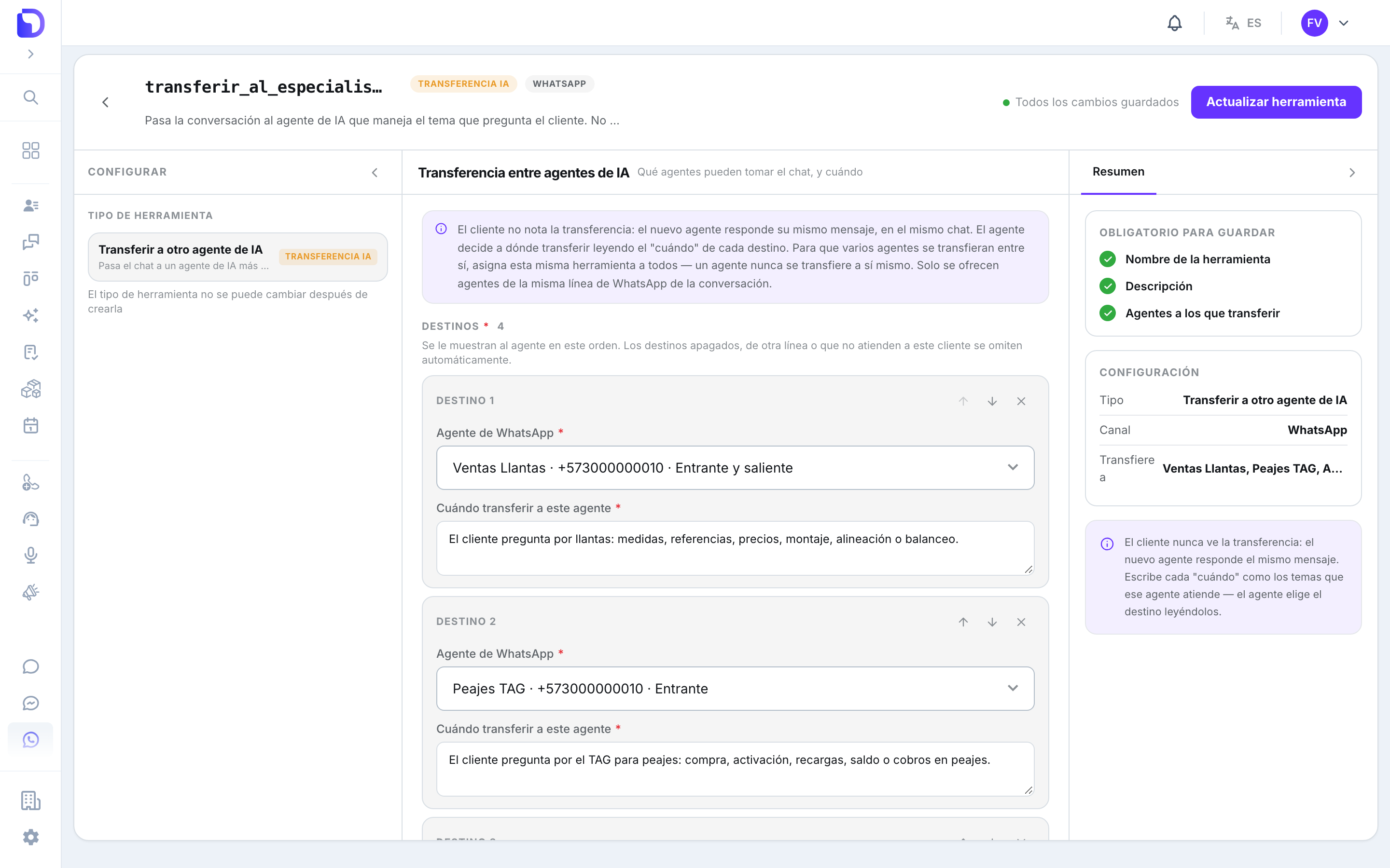 Una herramienta Transferir a otro agente de IA para WhatsApp ya guardada: la nota de cómo funciona, Destinos con un contador de 4, el Destino 1 Ventas Llantas y el Destino 2 Peajes TAG, cada uno con su línea y dirección (Entrante y saliente, Entrante) y su texto Cuándo transferir a este agente, y el panel Resumen con Transfiere a.