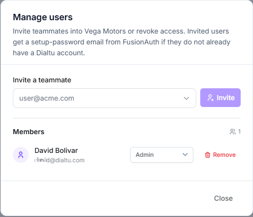 Manage users modal with an invite field and one member listed with an Admin role dropdown and a Remove link