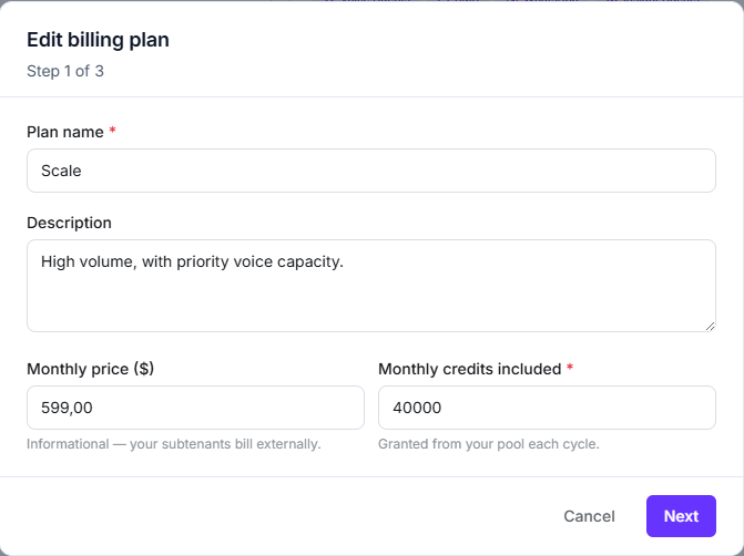 Plan editor step 1 with plan name, description, monthly price and monthly credits included