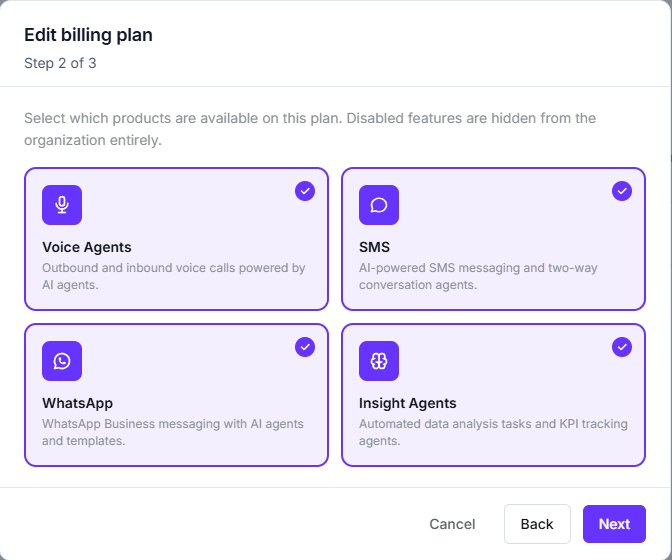 Plan editor step 2 with Voice Agents, SMS, WhatsApp and Insight Agents all selected