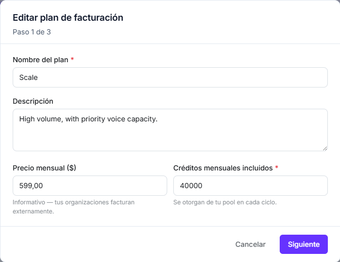 Editor de planes, paso 1, con nombre, descripción, precio mensual y créditos mensuales incluidos