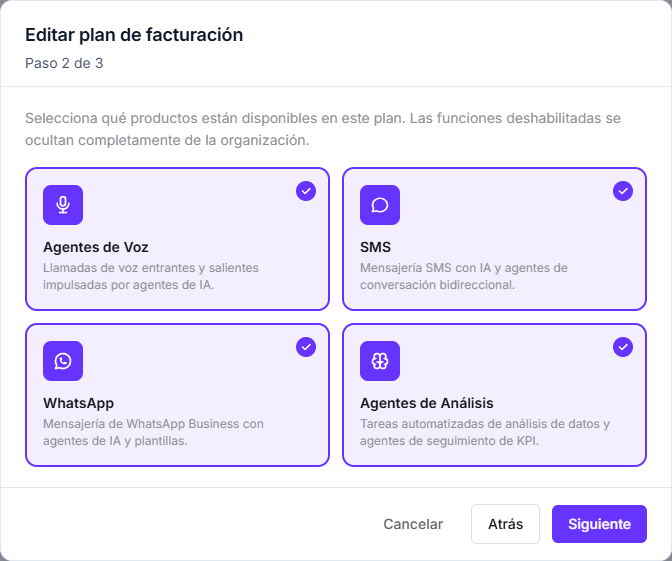 Editor de planes, paso 2, con Agentes de Voz, SMS, WhatsApp y Agentes de Análisis seleccionados