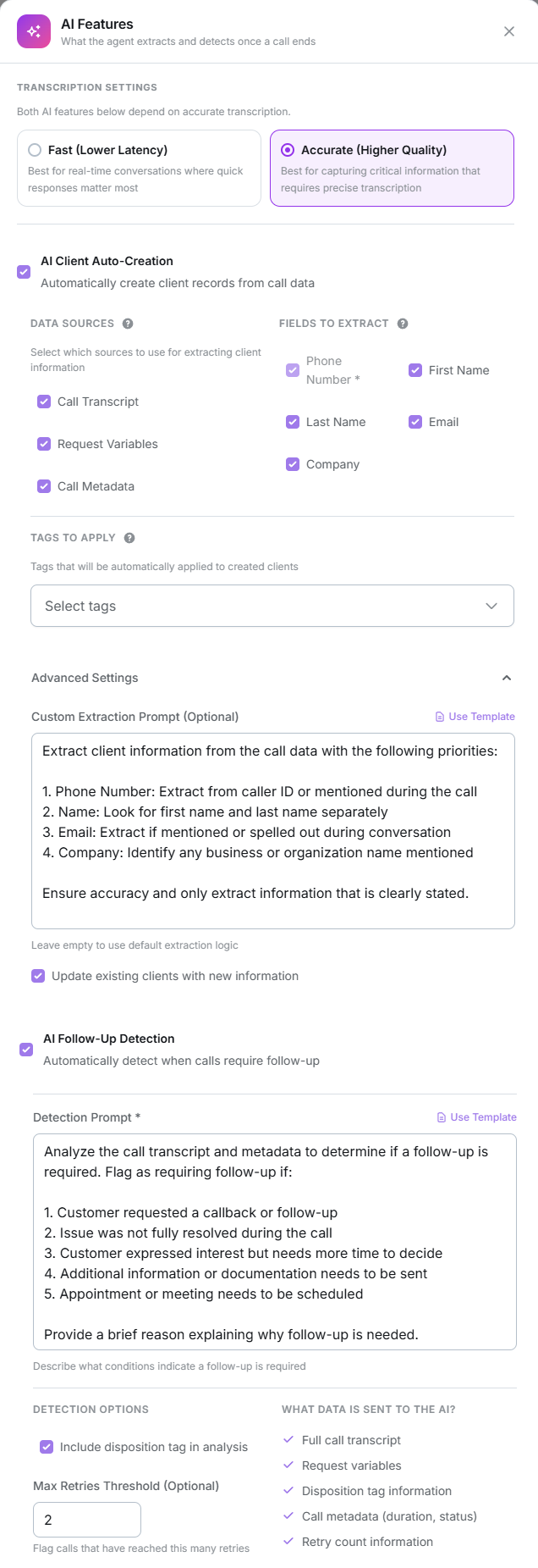 AI Features modal showing transcription settings, AI client auto-creation and AI follow-up detection