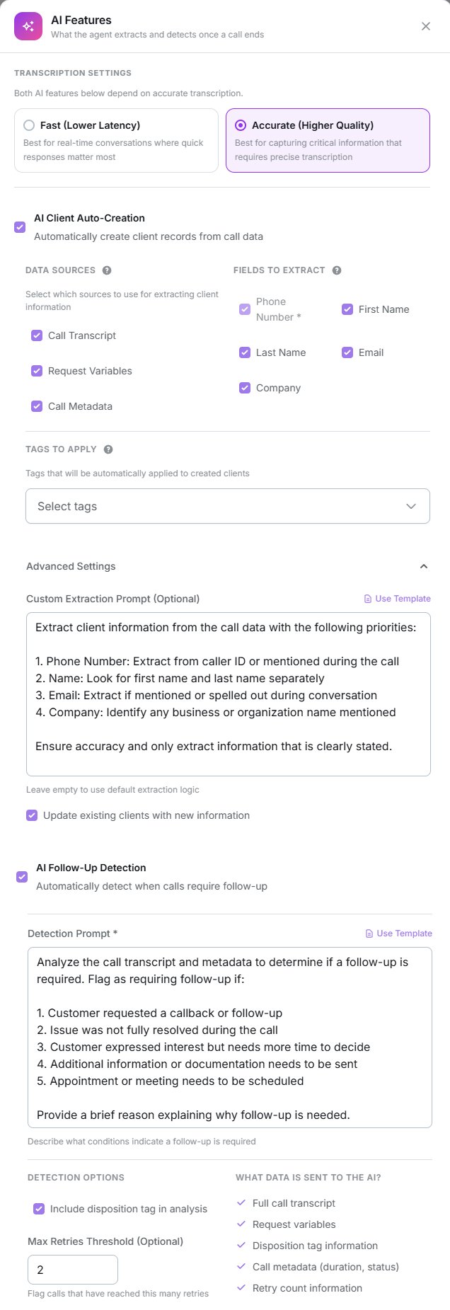 AI Features modal showing transcription settings, AI client auto-creation and AI follow-up detection