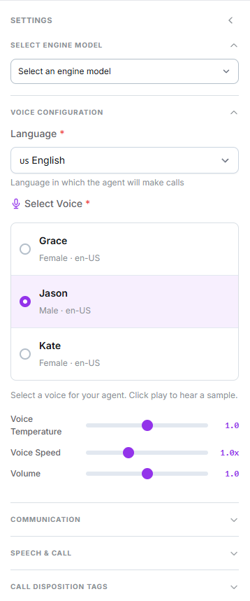Voice Configuration group with the language selected and the list of available voices