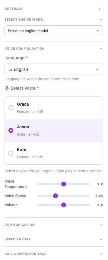 Voice Configuration group with language, voice list and the temperature, speed and volume sliders