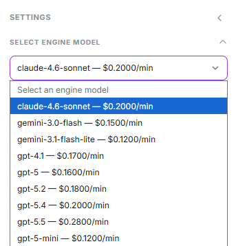 Engine model dropdown showing the per-minute price of each option