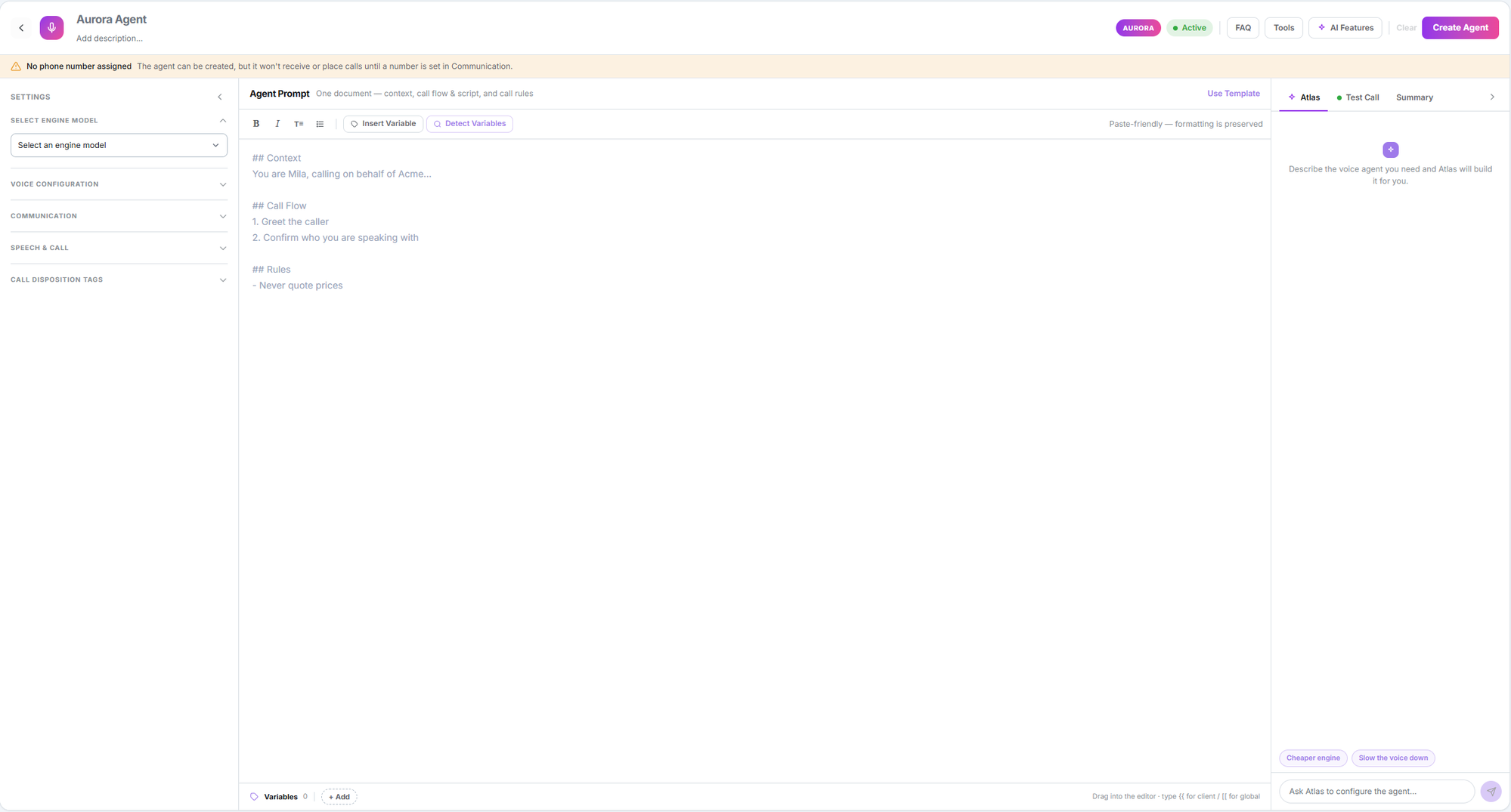 Aurora agent editor showing the settings column, the prompt document, and the Atlas, Test Call and Summary panel